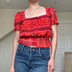 Show Me Your Mumu red sheer floral cropped blouse